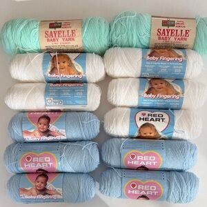 12 Skein Baby Fingering Yarn Red Heart 5 blue 5 white 2 Skeins Kmart Light Green